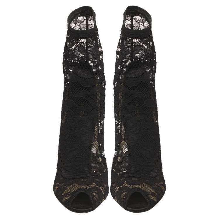 Pre Owned Dolce & Gabbana Black Lace and Mesh Stretch Booties Size 39.5