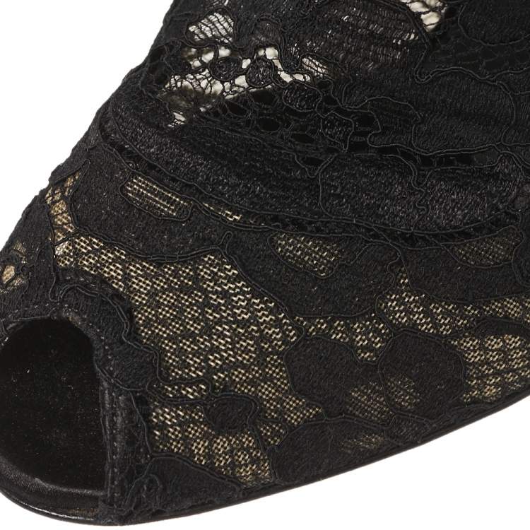 Pre Owned Dolce & Gabbana Black Lace and Mesh Stretch Booties Size 39.5