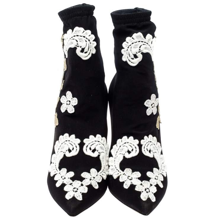 Pre Owned Dolce & Gabbana Black Jersey Flower Embroidered Stretch Booties Size 37