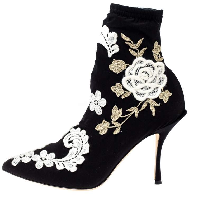 Pre Owned Dolce & Gabbana Black Jersey Flower Embroidered Stretch Booties Size 37