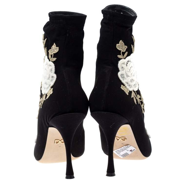 Pre Owned Dolce & Gabbana Black Jersey Flower Embroidered Stretch Booties Size 37