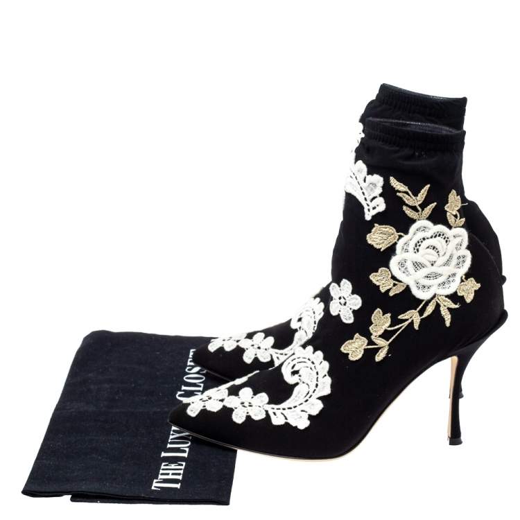 Pre Owned Dolce & Gabbana Black Jersey Flower Embroidered Stretch Booties Size 37