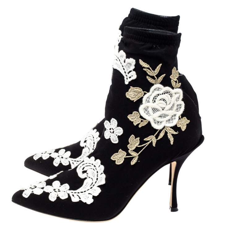 Pre Owned Dolce & Gabbana Black Jersey Flower Embroidered Stretch Booties Size 37