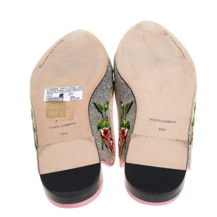 Pre Owned Dolce & Gabbana Silver Rose Embroidered Lurex Fabric Aladino Peony Mules Size 36.5