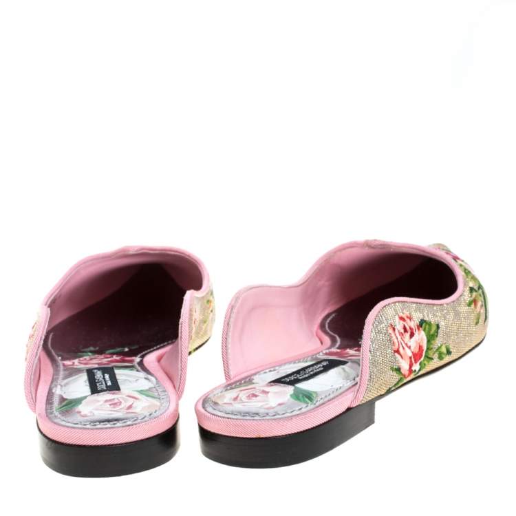 Pre Owned Dolce & Gabbana Silver Rose Embroidered Lurex Fabric Aladino Peony Mules Size 36.5