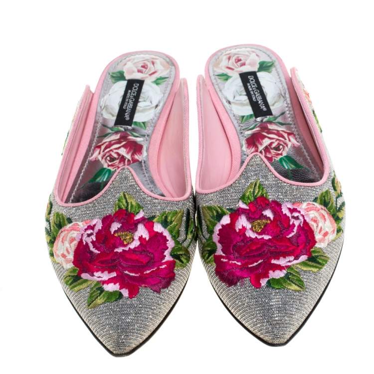 Pre Owned Dolce & Gabbana Silver Rose Embroidered Lurex Fabric Aladino Peony Mules Size 36.5