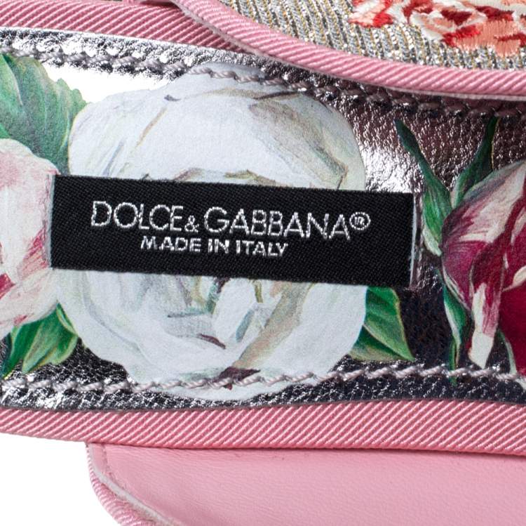 Pre Owned Dolce & Gabbana Silver Rose Embroidered Lurex Fabric Aladino Peony Mules Size 36.5