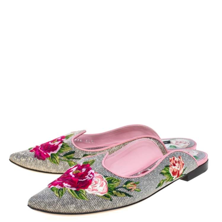 Pre Owned Dolce & Gabbana Silver Rose Embroidered Lurex Fabric Aladino Peony Mules Size 36.5