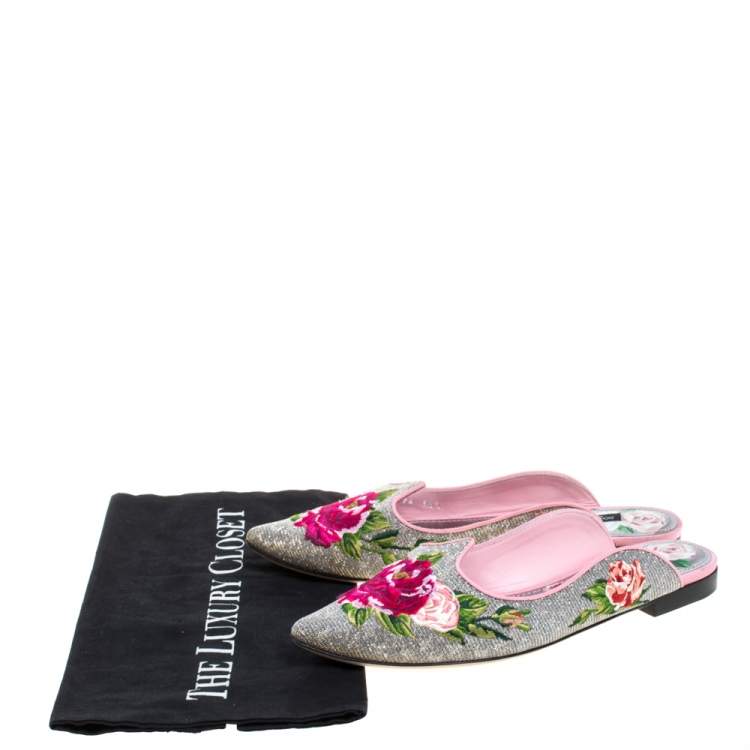 Pre Owned Dolce & Gabbana Silver Rose Embroidered Lurex Fabric Aladino Peony Mules Size 36.5