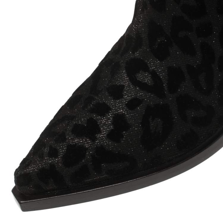 Pre Owned Dolce & Gabbana Black Animal Print Lurex and Velvet Cowboy Boots Size 38.5