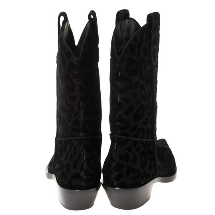 Pre Owned Dolce & Gabbana Black Animal Print Lurex and Velvet Cowboy Boots Size 38.5