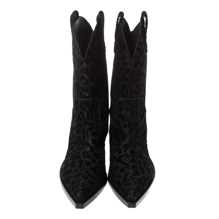 Pre Owned Dolce & Gabbana Black Animal Print Lurex and Velvet Cowboy Boots Size 38.5