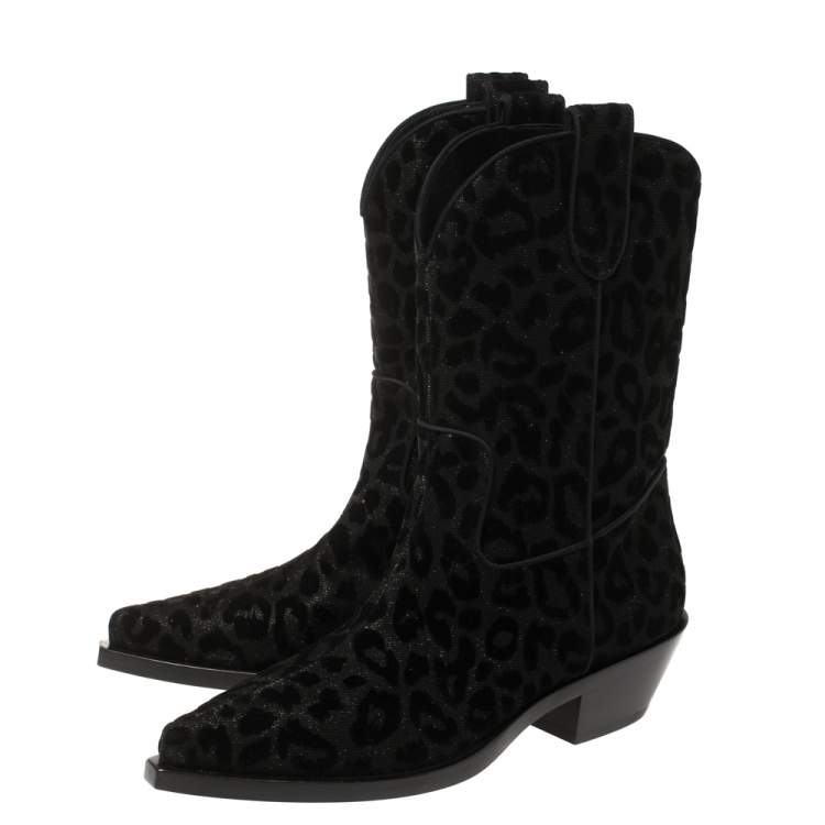Pre Owned Dolce & Gabbana Black Animal Print Lurex and Velvet Cowboy Boots Size 38.5