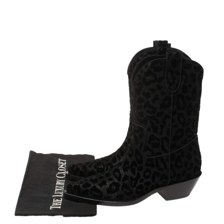 Pre Owned Dolce & Gabbana Black Animal Print Lurex and Velvet Cowboy Boots Size 38.5