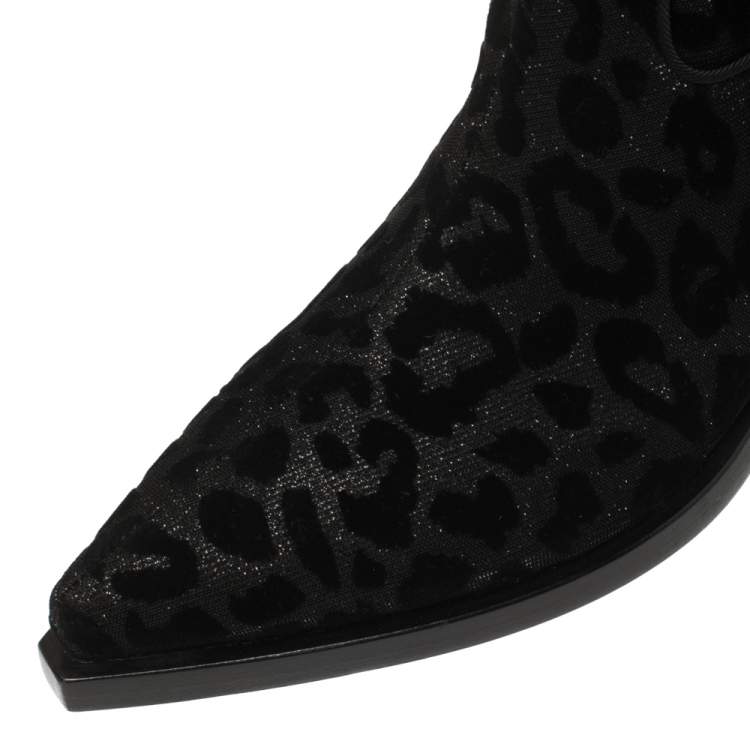 Pre Owned Dolce & Gabbana Black Animal Print Lurex and Velvet Cowboy Boots Size 40