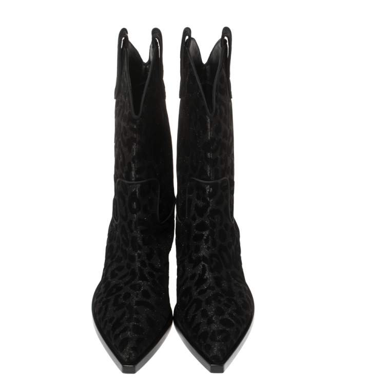 Pre Owned Dolce & Gabbana Black Animal Print Lurex and Velvet Cowboy Boots Size 40