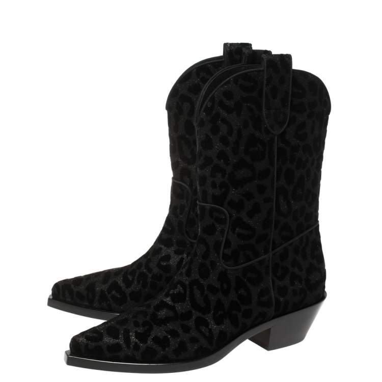 Pre Owned Dolce & Gabbana Black Animal Print Lurex and Velvet Cowboy Boots Size 40