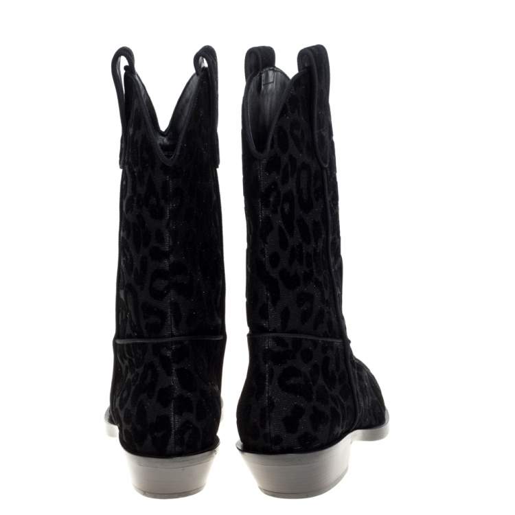 Pre Owned Dolce & Gabbana Black Animal Print Lurex and Velvet Cowboy Boots Size 36
