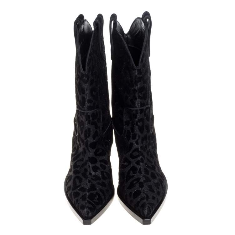 Pre Owned Dolce & Gabbana Black Animal Print Lurex and Velvet Cowboy Boots Size 36