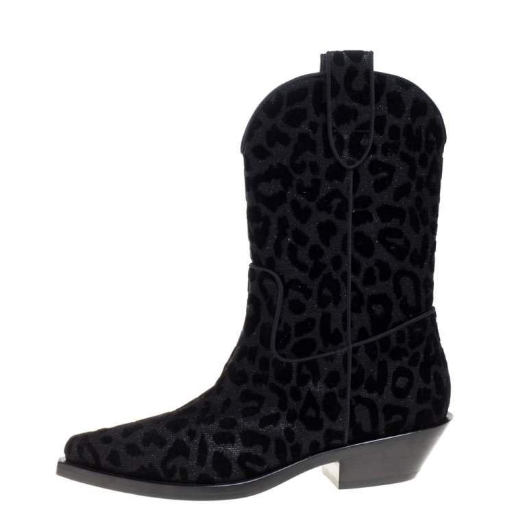 Pre Owned Dolce & Gabbana Black Animal Print Lurex and Velvet Cowboy Boots Size 36