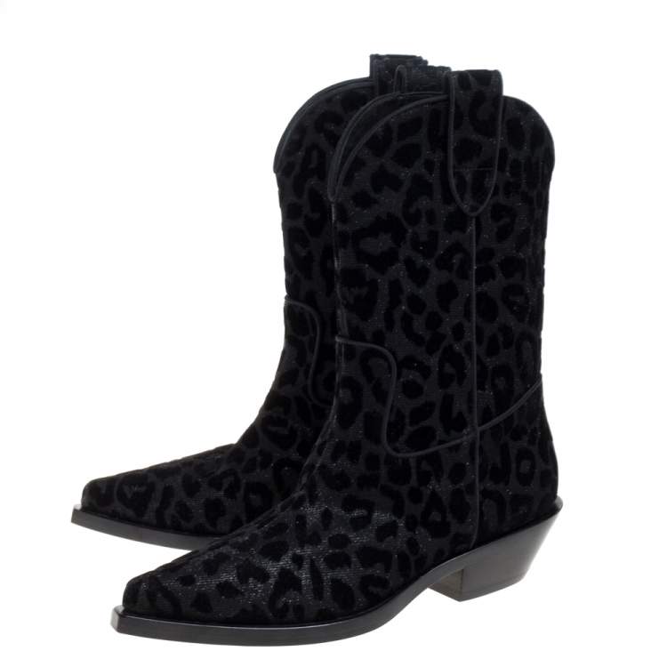 Pre Owned Dolce & Gabbana Black Animal Print Lurex and Velvet Cowboy Boots Size 36