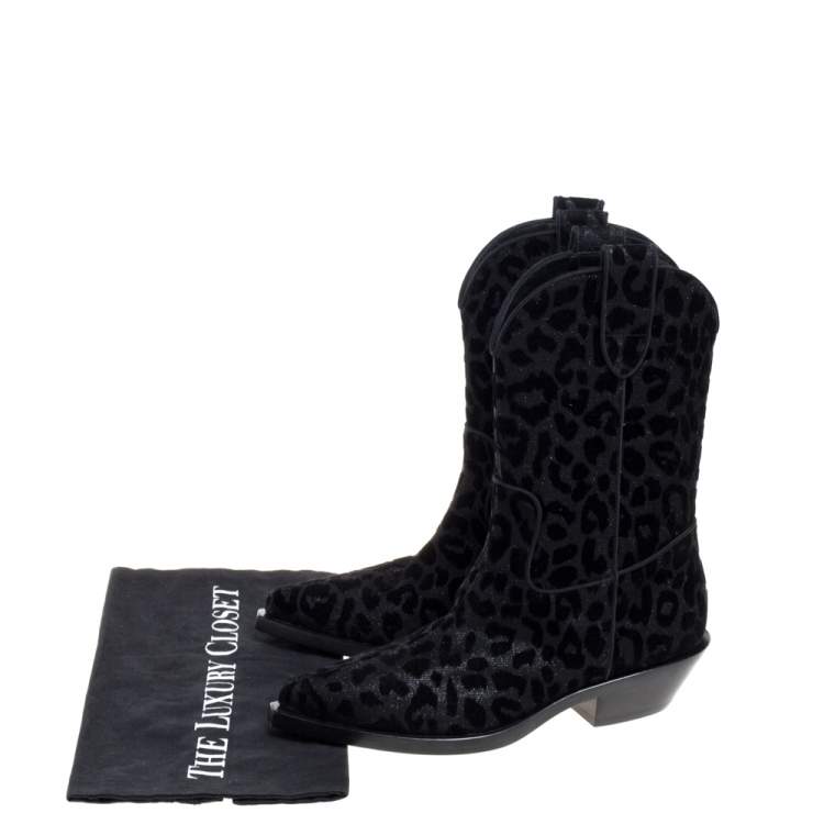Pre Owned Dolce & Gabbana Black Animal Print Lurex and Velvet Cowboy Boots Size 36