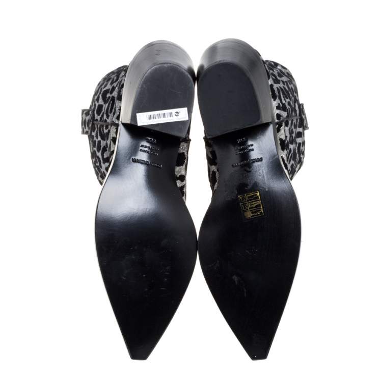 Pre Owned Dolce & Gabbana Black/Silver Animal Print Lurex and Velvet Cowboy Boots Size 39.5