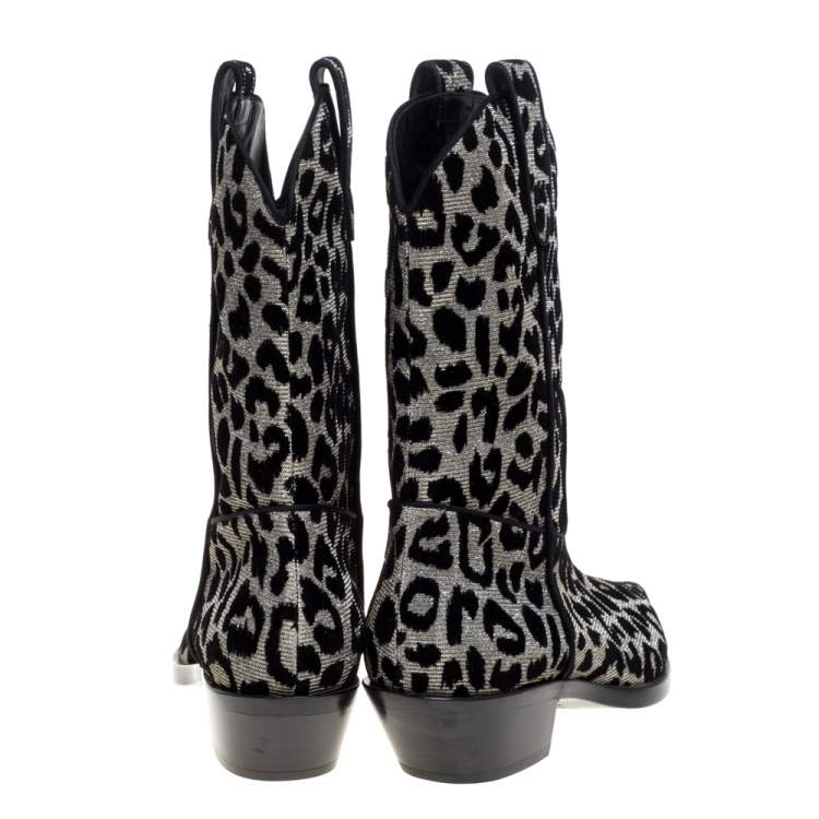 Pre Owned Dolce & Gabbana Black/Silver Animal Print Lurex and Velvet Cowboy Boots Size 39.5