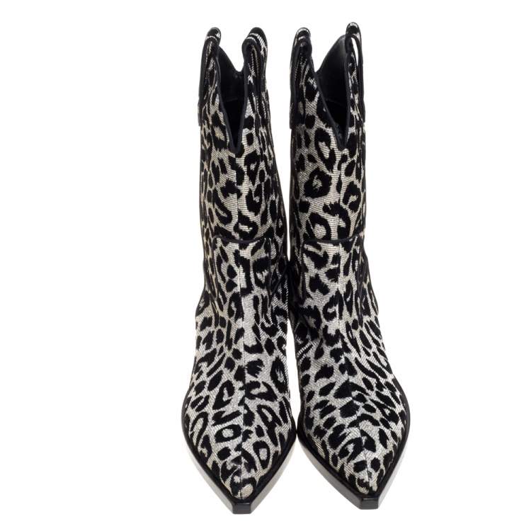Pre Owned Dolce & Gabbana Black/Silver Animal Print Lurex and Velvet Cowboy Boots Size 39.5