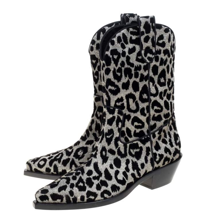 Pre Owned Dolce & Gabbana Black/Silver Animal Print Lurex and Velvet Cowboy Boots Size 39.5
