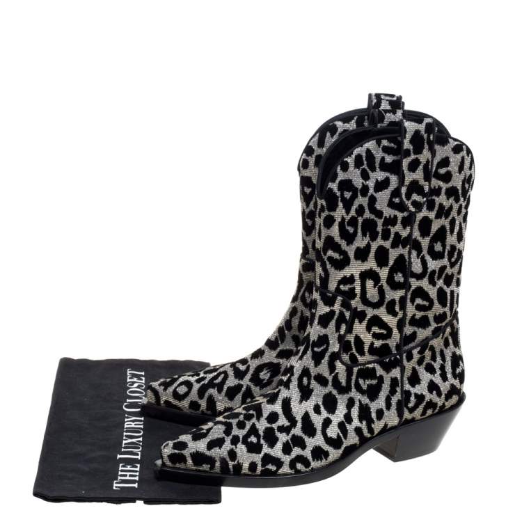 Pre Owned Dolce & Gabbana Black/Silver Animal Print Lurex and Velvet Cowboy Boots Size 39.5