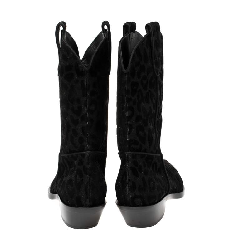 Pre Owned Dolce & Gabbana Black Animal Print Lurex and Velvet Cowboy Boots Size 38