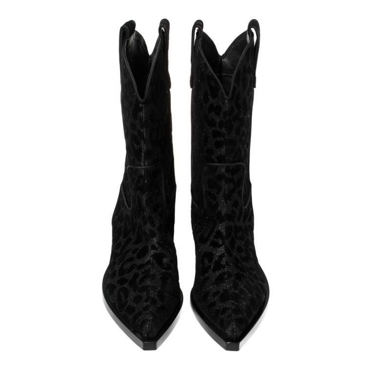 Pre Owned Dolce & Gabbana Black Animal Print Lurex and Velvet Cowboy Boots Size 38