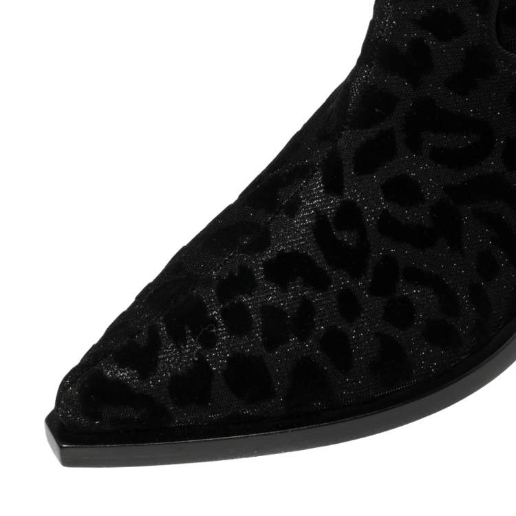 Pre Owned Dolce & Gabbana Black Animal Print Lurex and Velvet Cowboy Boots Size 38