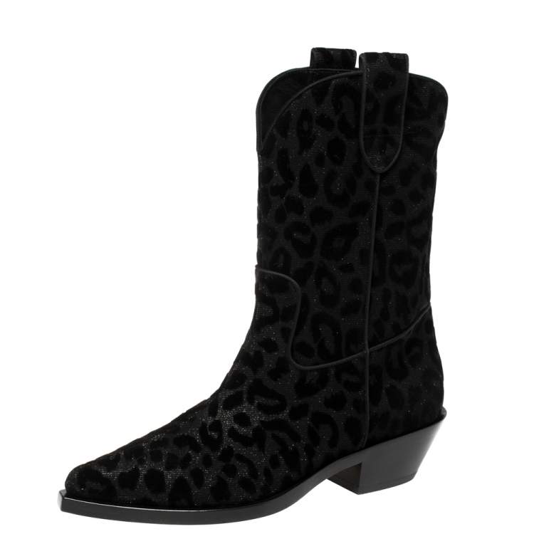 Pre Owned Dolce & Gabbana Black Animal Print Lurex and Velvet Cowboy Boots Size 38