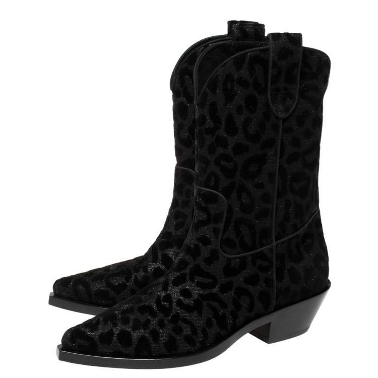 Pre Owned Dolce & Gabbana Black Animal Print Lurex and Velvet Cowboy Boots Size 38
