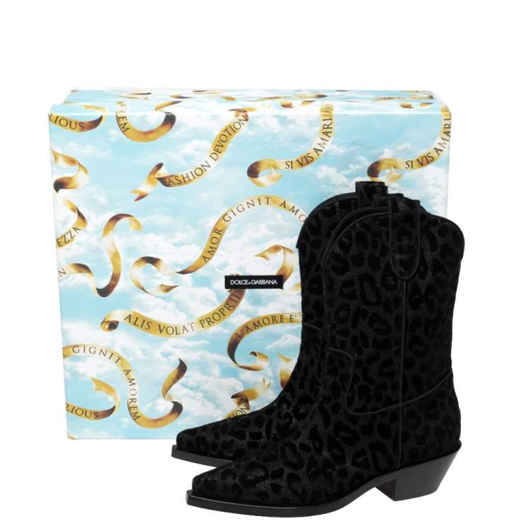 Pre Owned Dolce & Gabbana Black Animal Print Lurex and Velvet Cowboy Boots Size 39