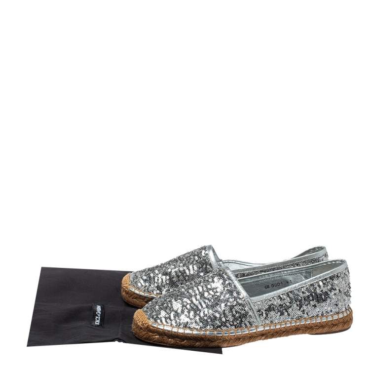 Pre Owned Dolce & Gabbana Silver Sequin On Flat Espadrilles Size 41 