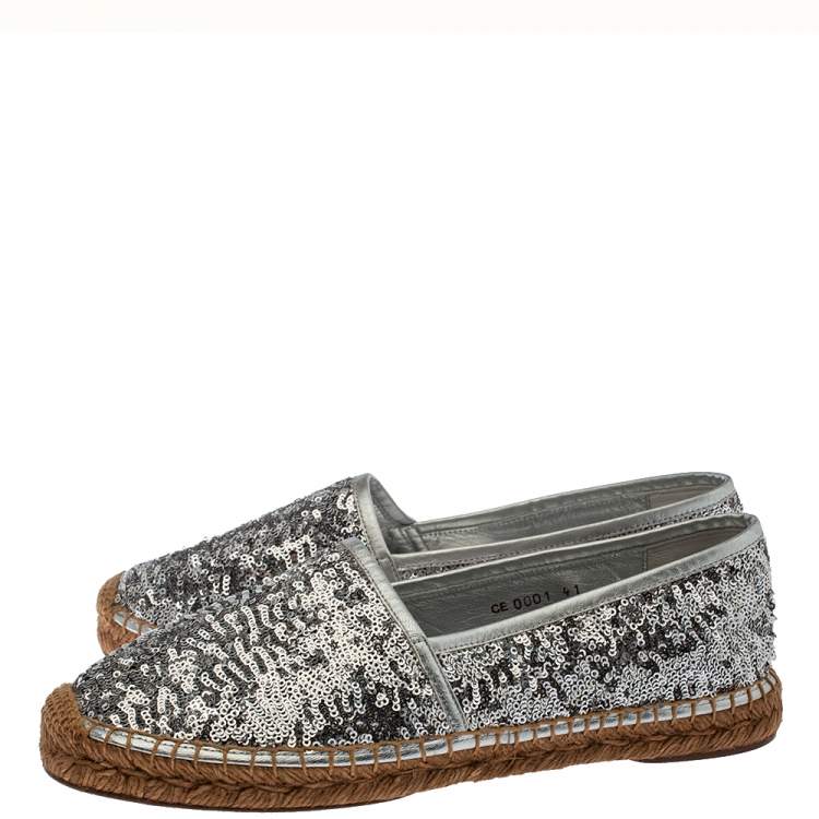 Pre Owned Dolce & Gabbana Silver Sequin On Flat Espadrilles Size 41 