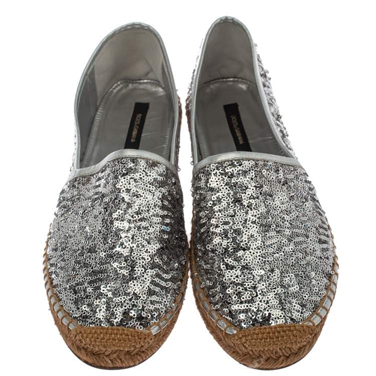 Pre Owned Dolce & Gabbana Silver Sequin On Flat Espadrilles Size 41 