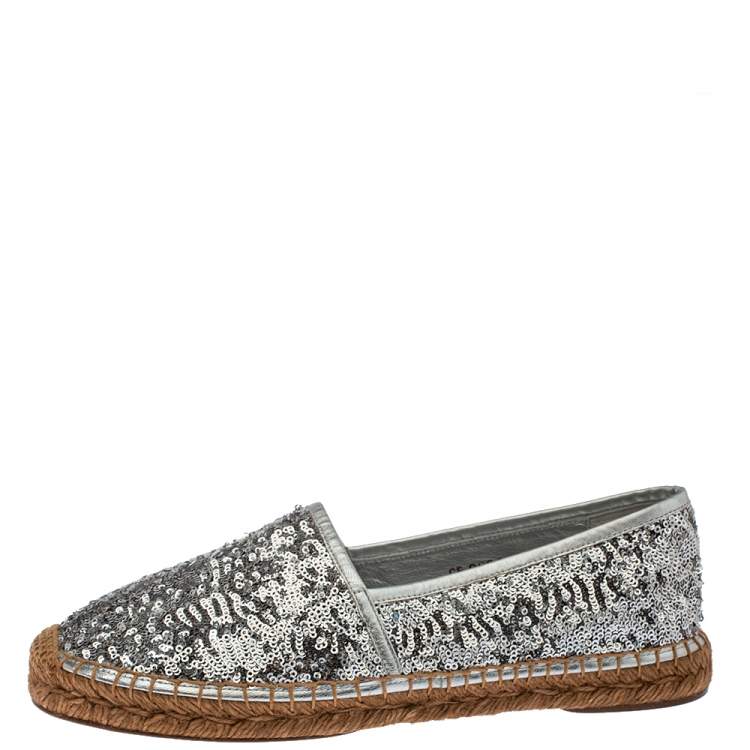 Pre Owned Dolce & Gabbana Silver Sequin On Flat Espadrilles Size 41 