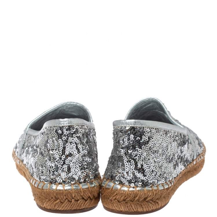 Pre Owned Dolce & Gabbana Silver Sequin On Flat Espadrilles Size 41 