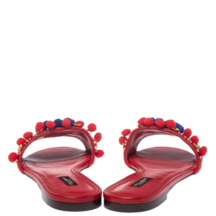 Pre Owned Dolce & Gabbana Red Leather Pom Pom And Mirror Embellished Flat Sandals Size 40
