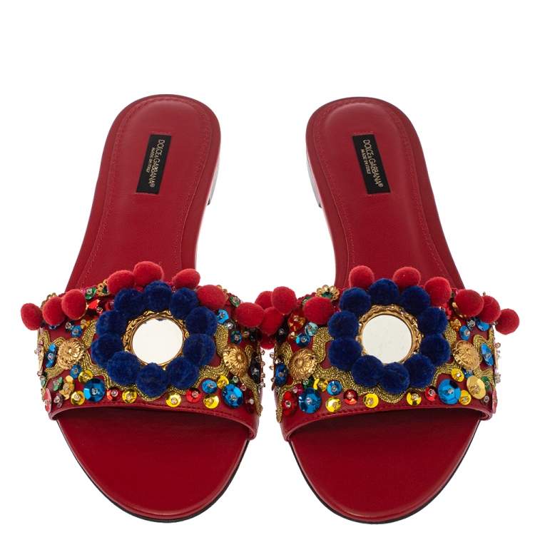 Pre Owned Dolce & Gabbana Red Leather Pom Pom And Mirror Embellished Flat Sandals Size 40