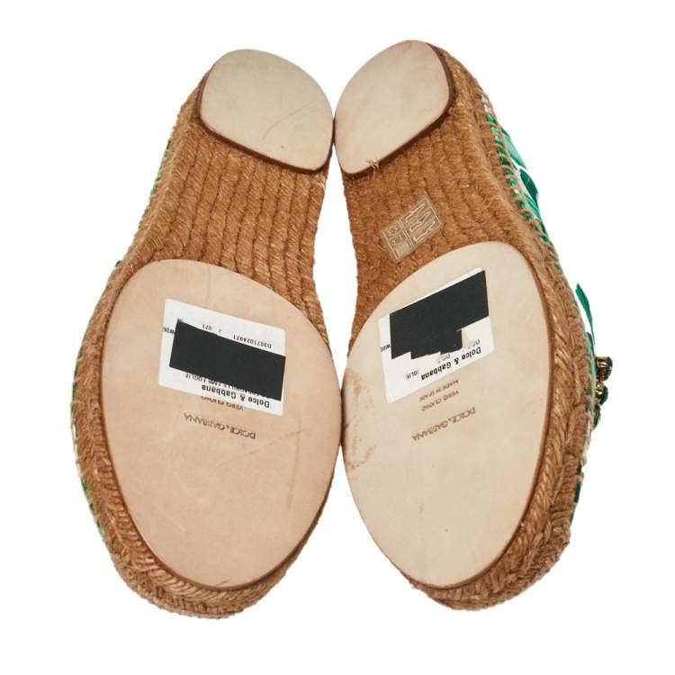 Pre Owned Dolce & Gabbana White/Green Leaf Print Satin Embellished Flat Espadrilles Size 38