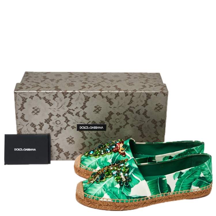 Pre Owned Dolce & Gabbana White/Green Leaf Print Satin Embellished Flat Espadrilles Size 38