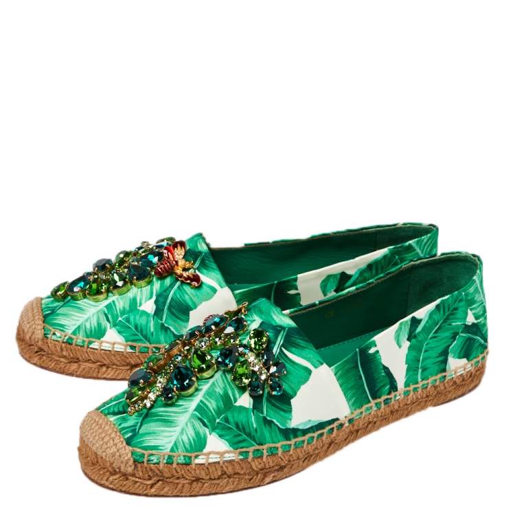 Pre Owned Dolce & Gabbana White/Green Leaf Print Satin Embellished Flat Espadrilles Size 38