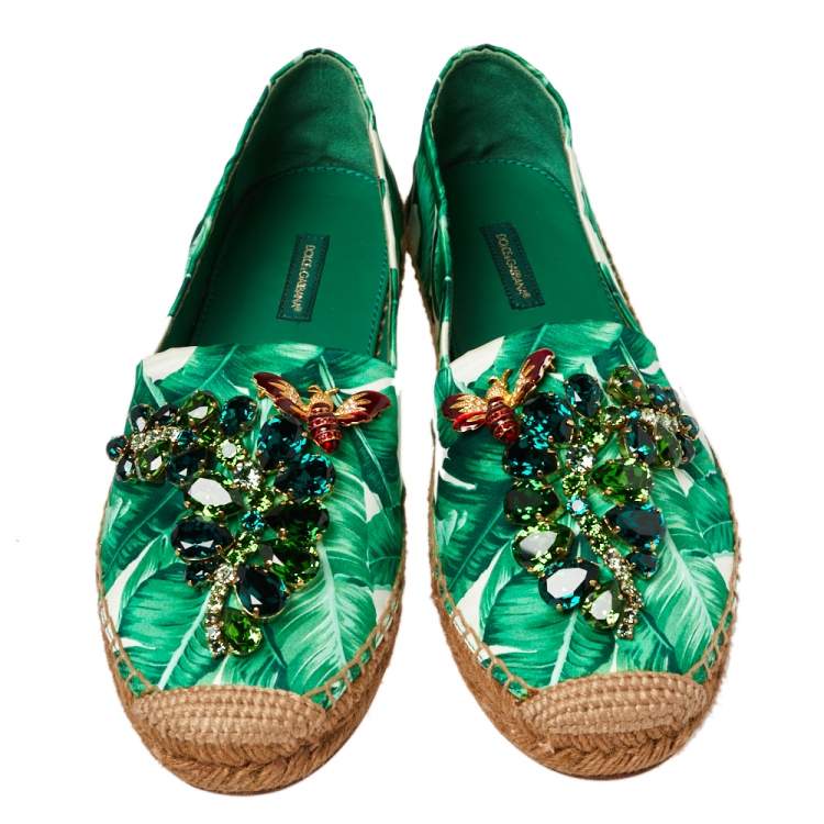 Pre Owned Dolce & Gabbana White/Green Leaf Print Satin Embellished Flat Espadrilles Size 38