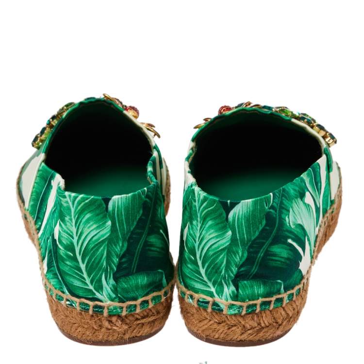 Pre Owned Dolce & Gabbana White/Green Leaf Print Satin Embellished Flat Espadrilles Size 38