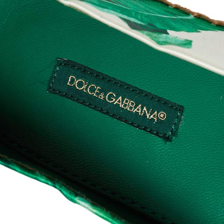 Pre Owned Dolce & Gabbana White/Green Leaf Print Satin Embellished Flat Espadrilles Size 38